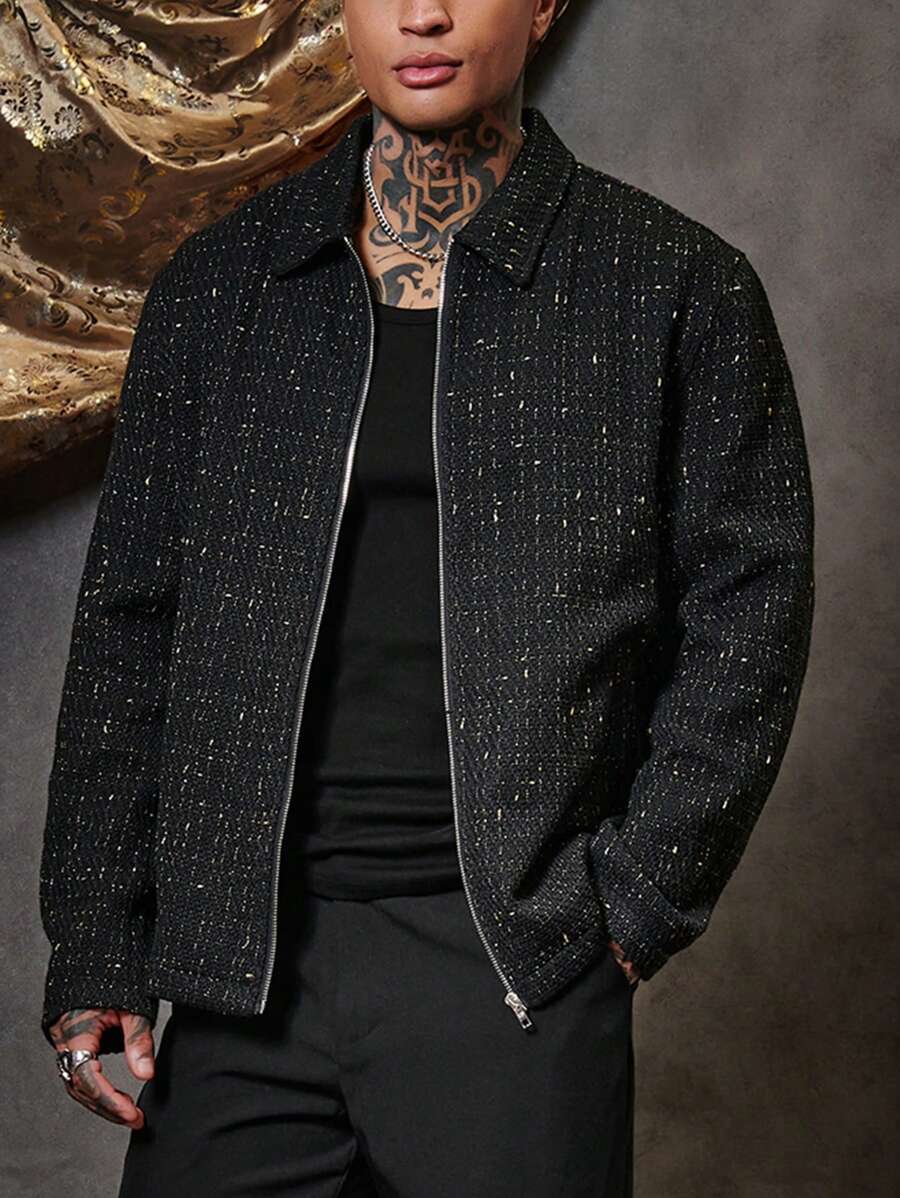 GENTILAND Manteau oversize à manches longues et zip pour homme en tweed à carreaux, pour l'automne et l'hiver