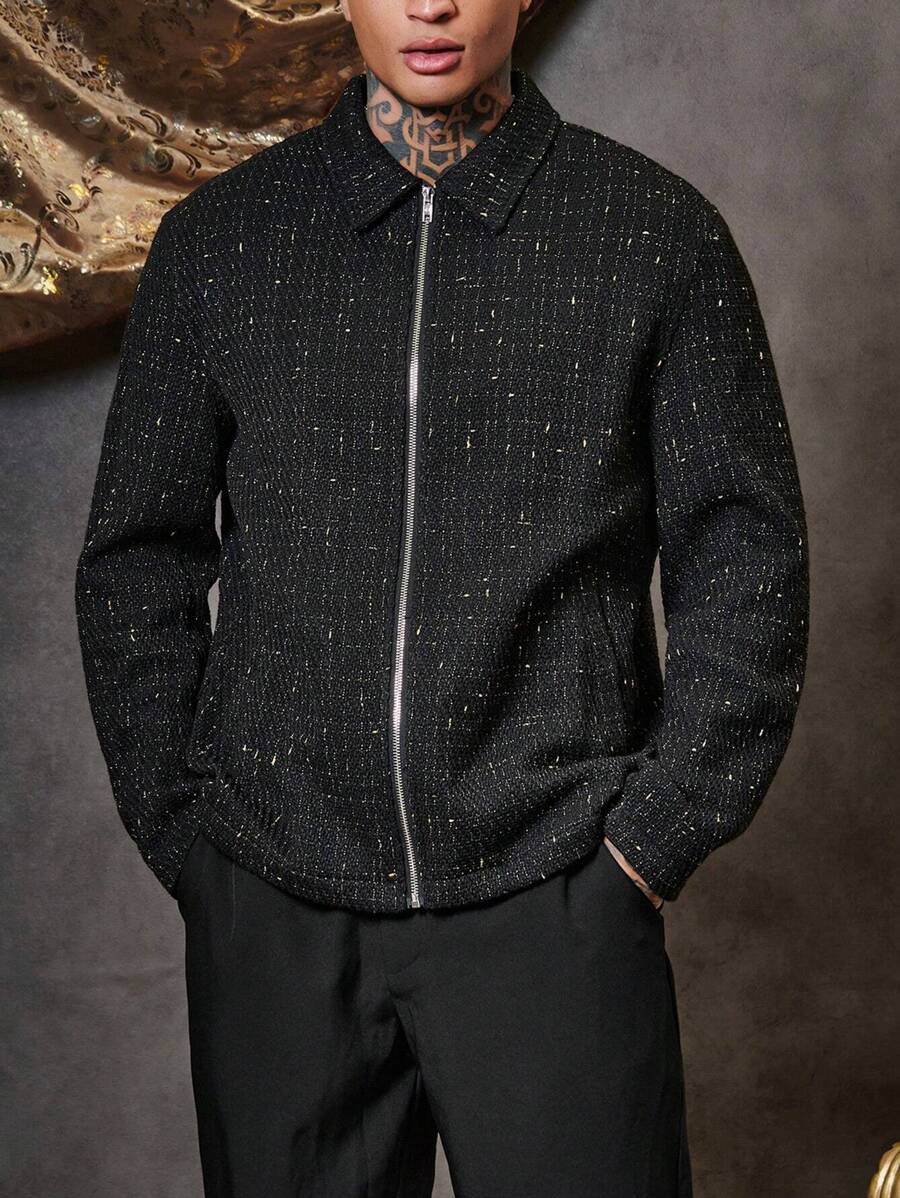 GENTILAND Manteau oversize à manches longues et zip pour homme en tweed à carreaux, pour l'automne et l'hiver