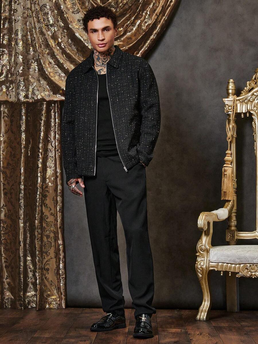 GENTILAND Manteau oversize à manches longues et zip pour homme en tweed à carreaux, pour l'automne et l'hiver