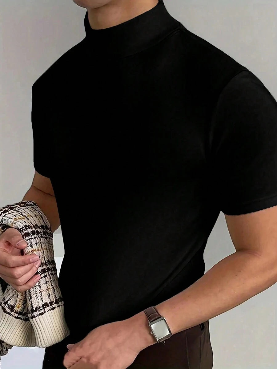 Airaco T-shirt à col montant unicolore à manches courtes pour homme, pour l'automne