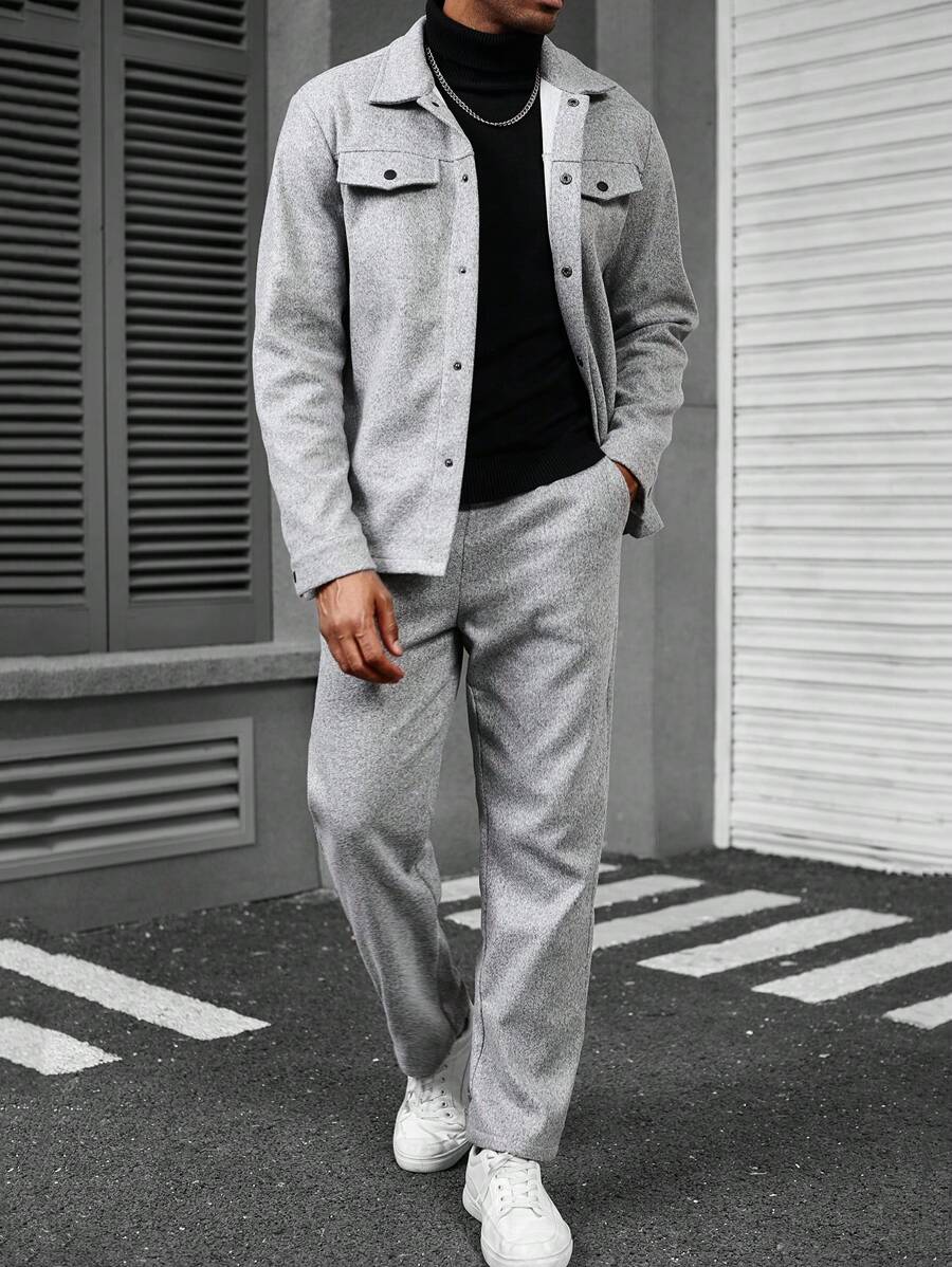 Manfinity Homme Ensemble veste et pantalon casual à manches longues et boutonnage simple, couleur unie, pour homme. Tenues d'automne