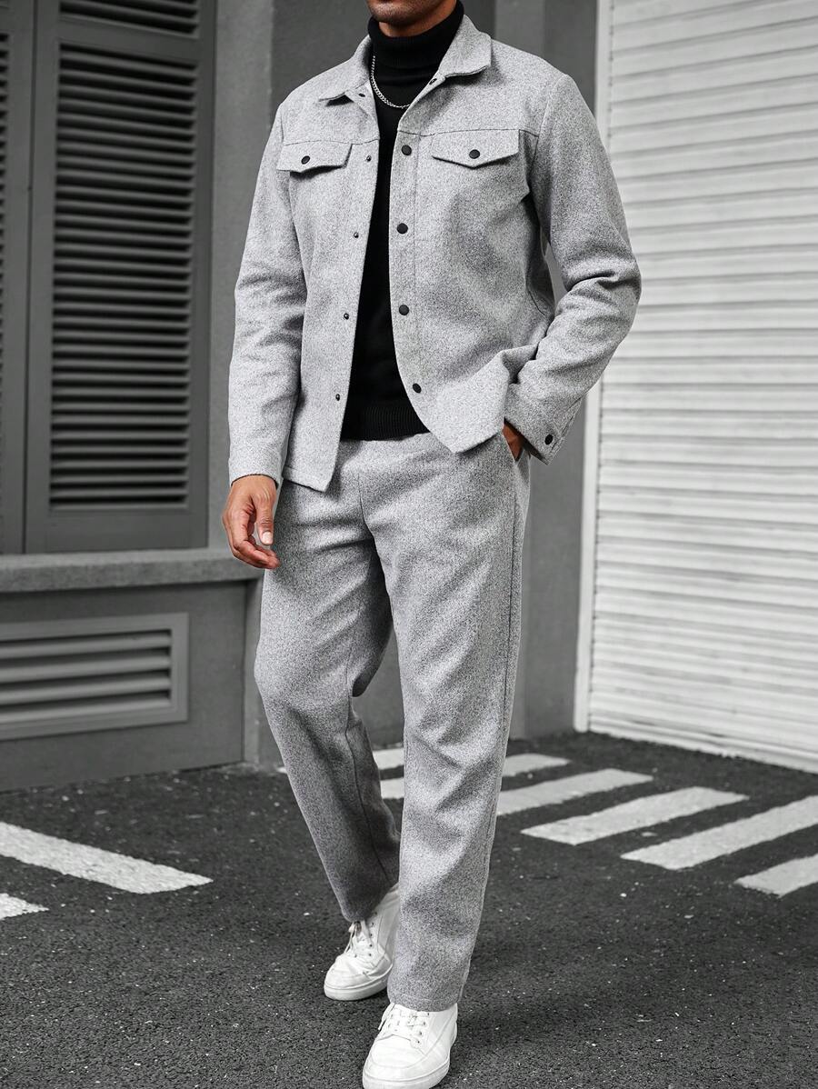 Manfinity Homme Ensemble veste et pantalon casual à manches longues et boutonnage simple, couleur unie, pour homme. Tenues d'automne