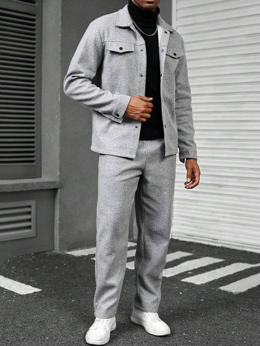 Manfinity Homme Ensemble veste et pantalon casual à manches longues et boutonnage simple, couleur unie, pour homme. Tenues d'automne