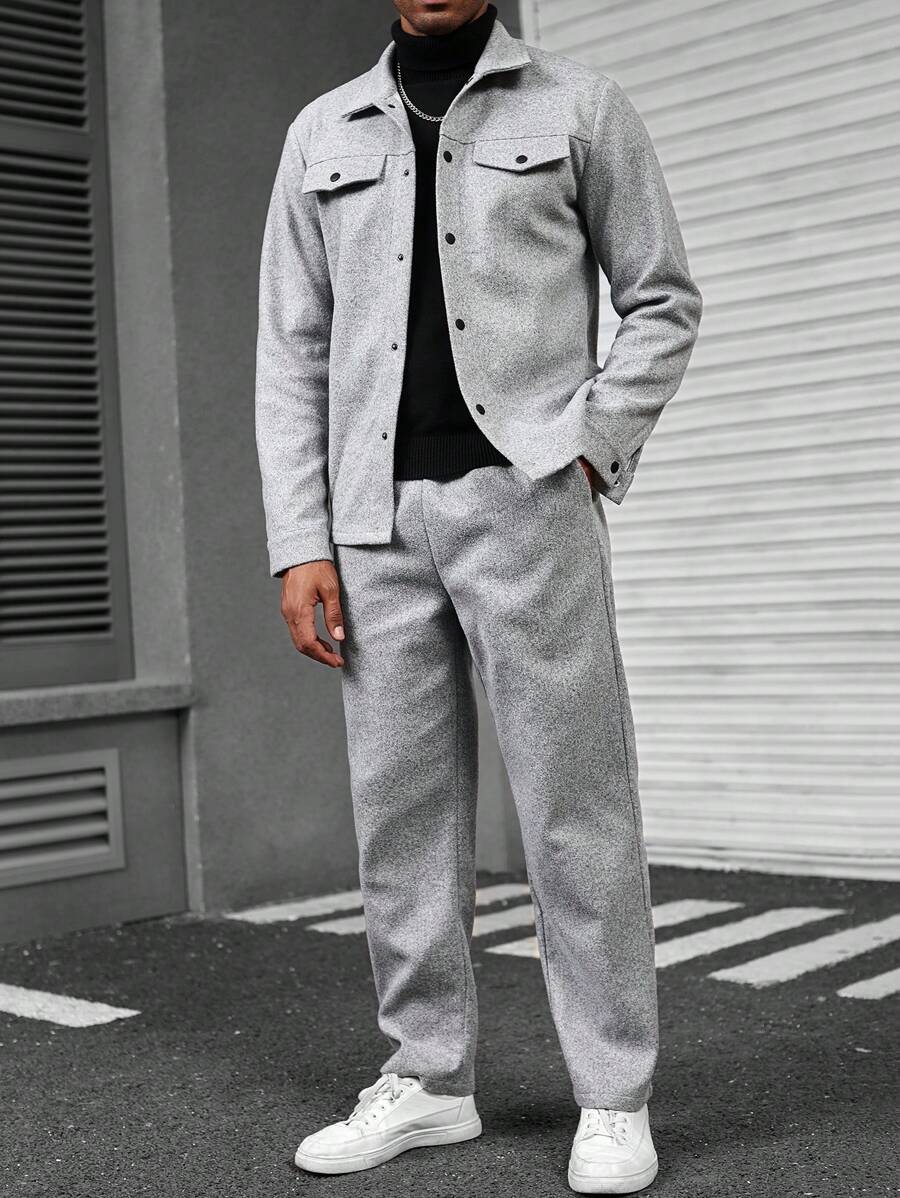 Manfinity Homme Ensemble veste et pantalon casual à manches longues et boutonnage simple, couleur unie, pour homme. Tenues d'automne