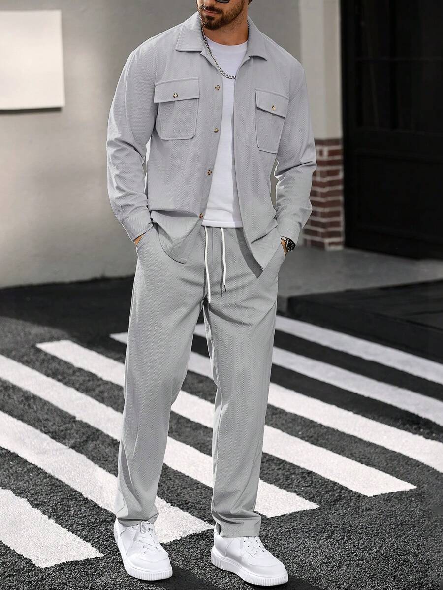 Manfinity CasualCool 2 pièces Chemise et pantalon de travail en velours côtelé pour hommes, vêtements d'automne