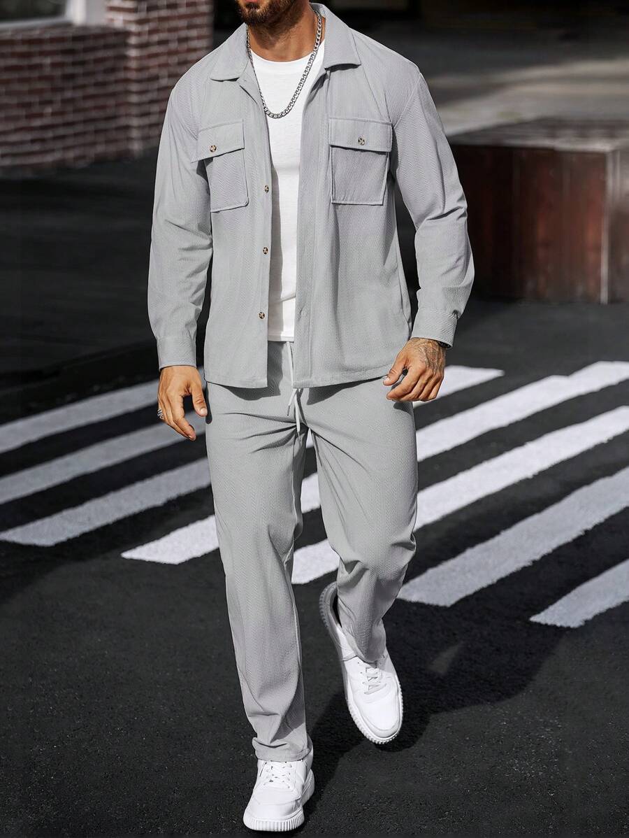 Manfinity CasualCool 2 pièces Chemise et pantalon de travail en velours côtelé pour hommes, vêtements d'automne