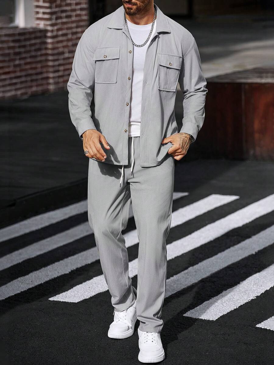 Manfinity CasualCool 2 pièces Chemise et pantalon de travail en velours côtelé pour hommes, vêtements d'automne