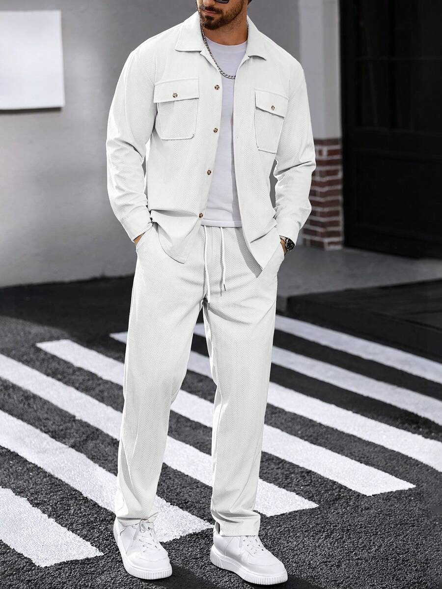 Manfinity CasualCool 2 pièces Chemise et pantalon de travail en velours côtelé pour hommes, vêtements d'automne