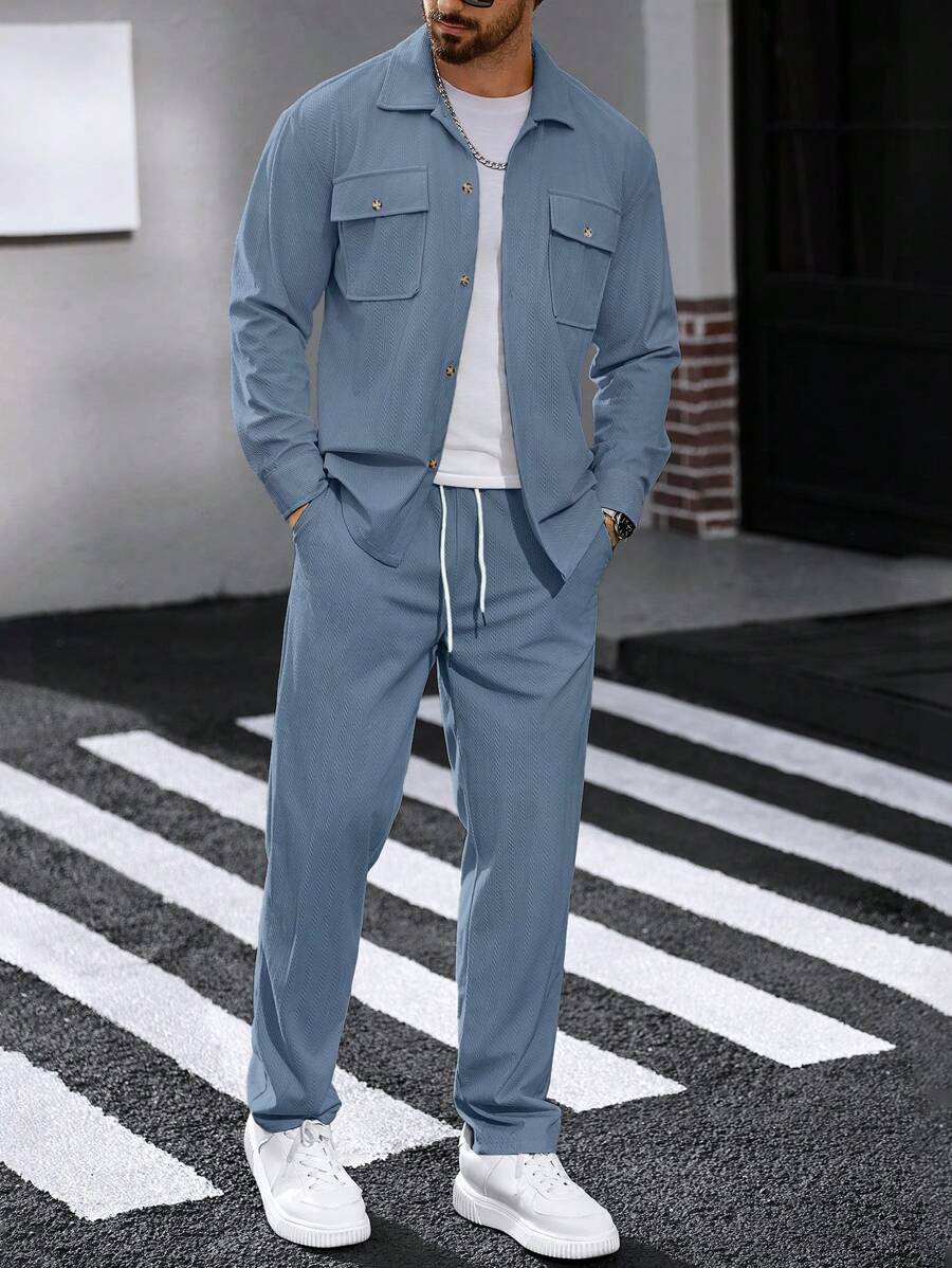 Manfinity CasualCool 2 pièces Chemise et pantalon de travail en velours côtelé pour hommes, vêtements d'automne