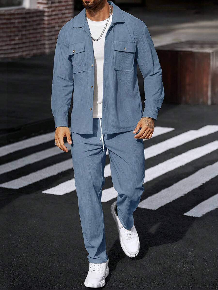 Manfinity CasualCool 2 pièces Chemise et pantalon de travail en velours côtelé pour hommes, vêtements d'automne