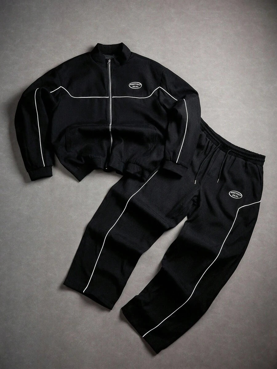 Manfinity Homme 2 pièces Veste à rayures latérales et imprimé lettres à manches longues et pantalon à taille élastique pour homme, tenue décontractée, vêtements d'automne