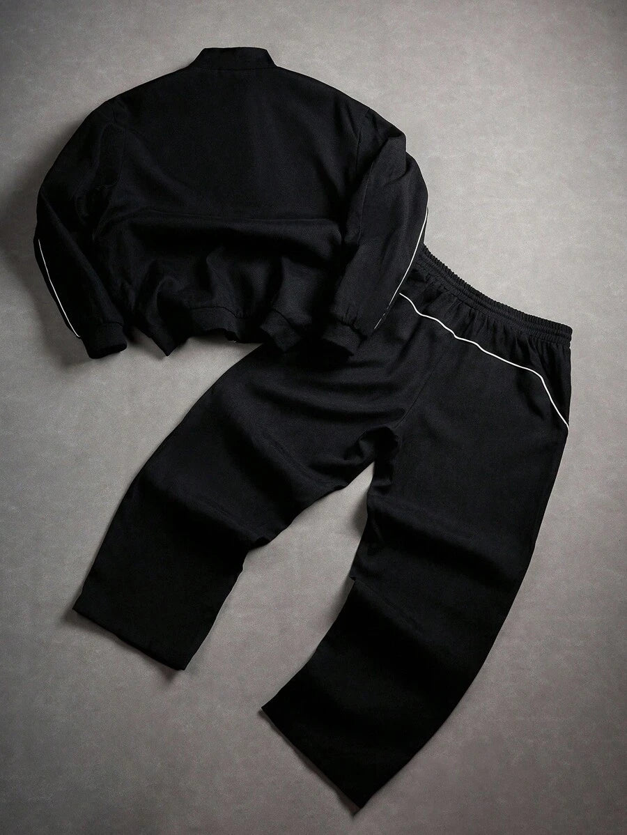 Manfinity Homme 2 pièces Veste à rayures latérales et imprimé lettres à manches longues et pantalon à taille élastique pour homme, tenue décontractée, vêtements d'automne