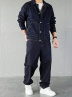 Manfinity Homme Ensemble veste en jean et pantalon décontracté pour homme, à simple boutonnage et manches longues