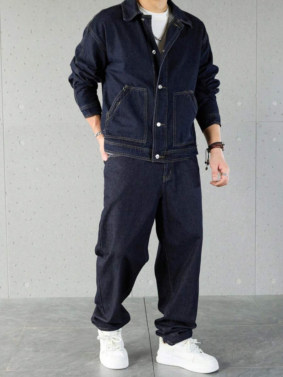 Manfinity Homme Ensemble veste en jean et pantalon décontracté pour homme, à simple boutonnage et manches longues