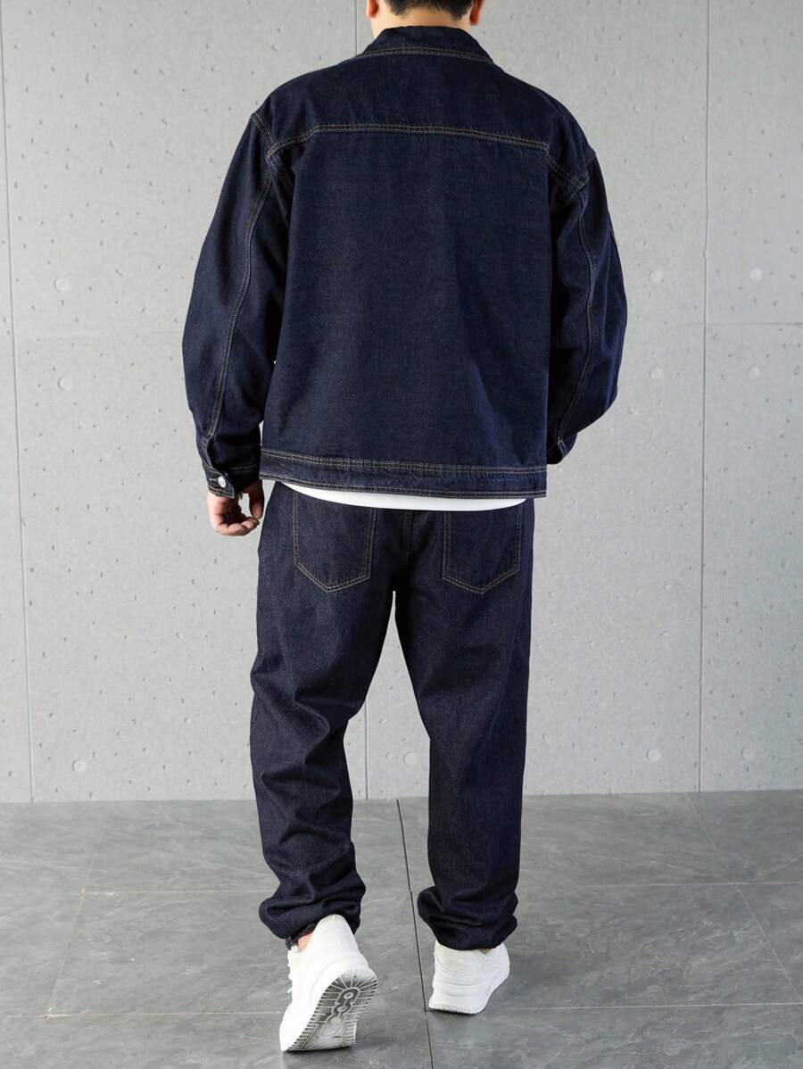 Manfinity Homme Ensemble veste en jean et pantalon décontracté pour homme, à simple boutonnage et manches longues