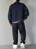 Manfinity Homme Ensemble veste en jean et pantalon décontracté pour homme, à simple boutonnage et manches longues