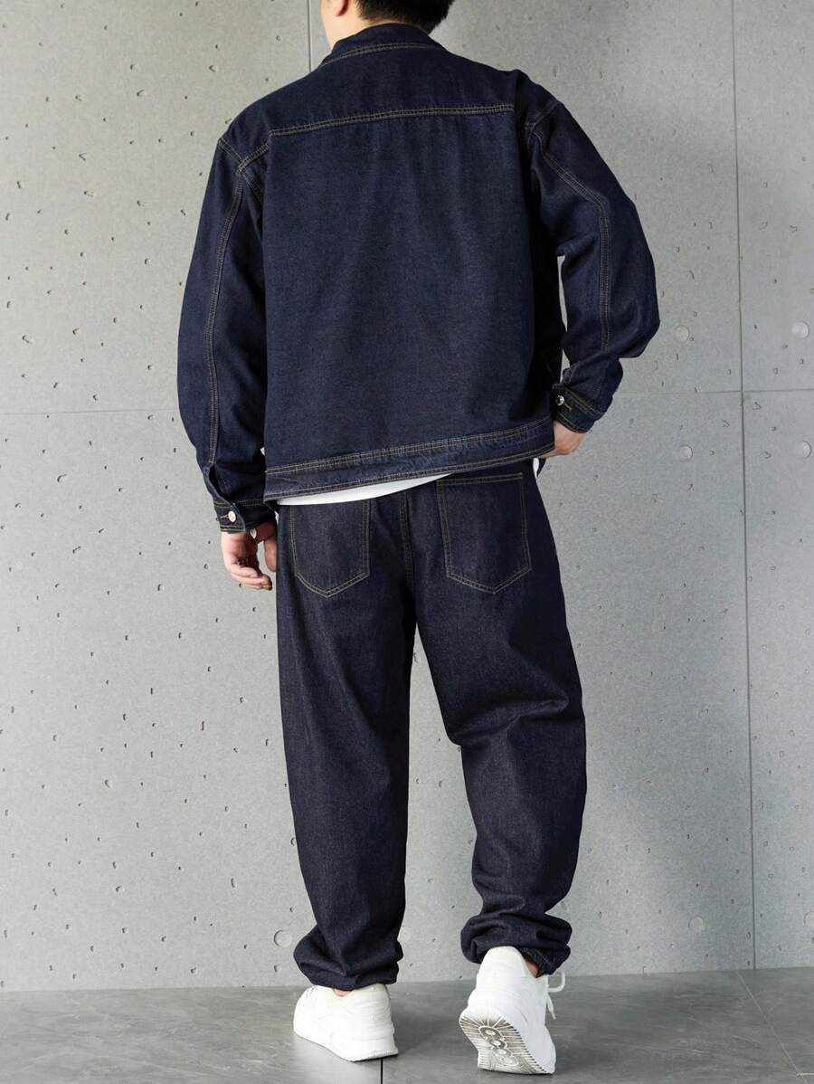 Manfinity Homme Ensemble veste en jean et pantalon décontracté pour homme, à simple boutonnage et manches longues