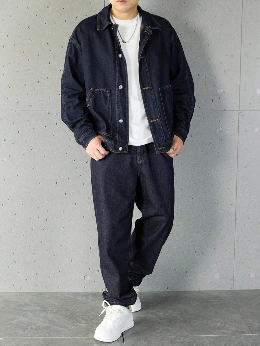 Manfinity Homme Ensemble veste en jean et pantalon décontracté pour homme, à simple boutonnage et manches longues