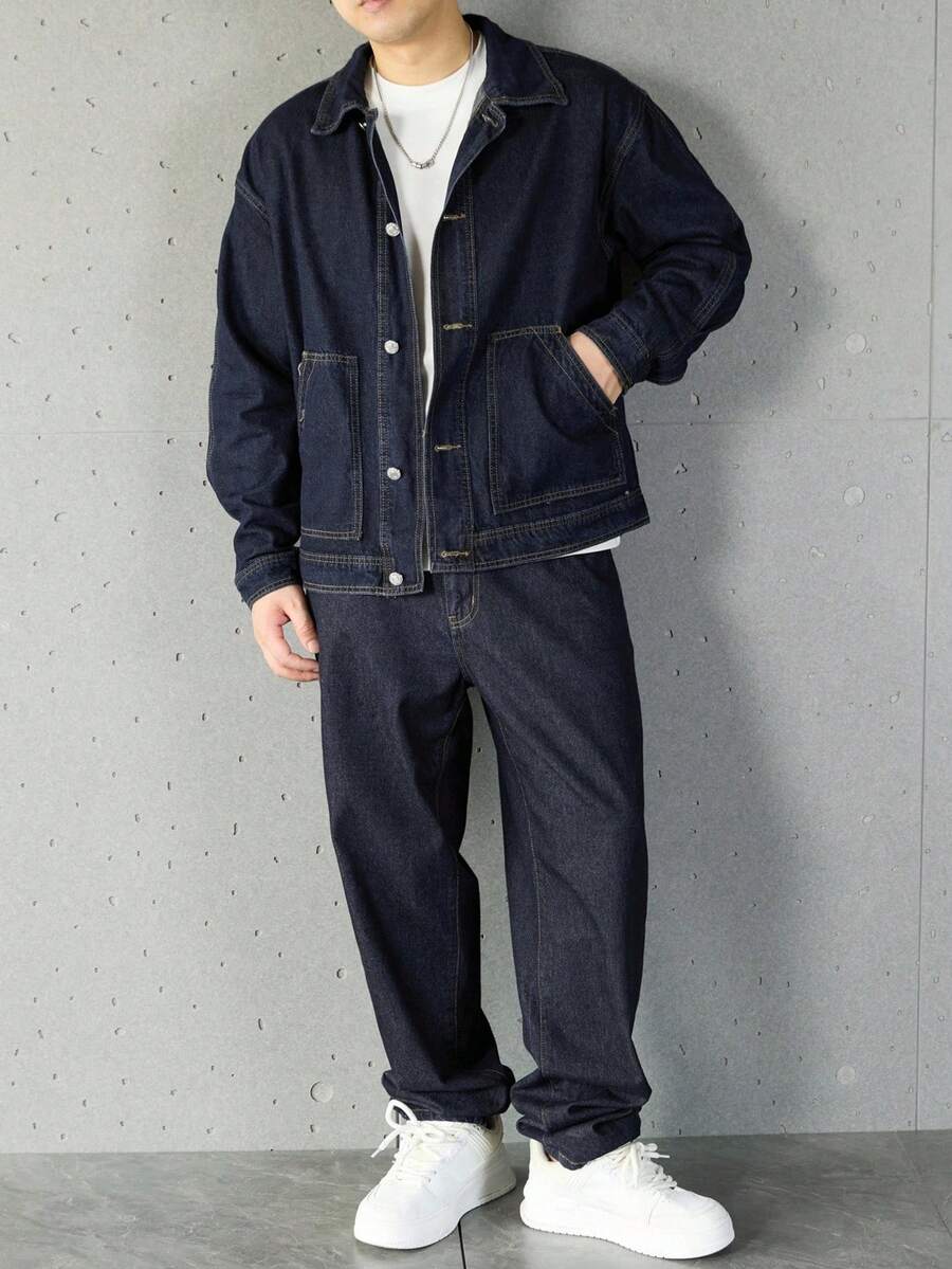 Manfinity Homme Ensemble veste en jean et pantalon décontracté pour homme, à simple boutonnage et manches longues