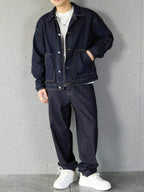 Manfinity Homme Ensemble veste en jean et pantalon décontracté pour homme, à simple boutonnage et manches longues