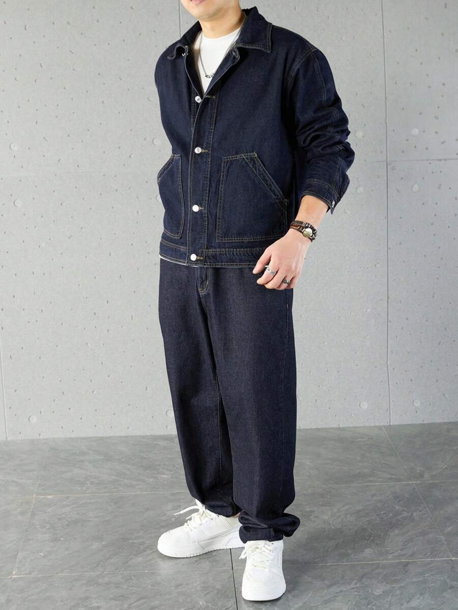 Manfinity Homme Ensemble veste en jean et pantalon décontracté pour homme, à simple boutonnage et manches longues