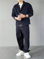 Manfinity Homme Ensemble veste en jean et pantalon décontracté pour homme, à simple boutonnage et manches longues