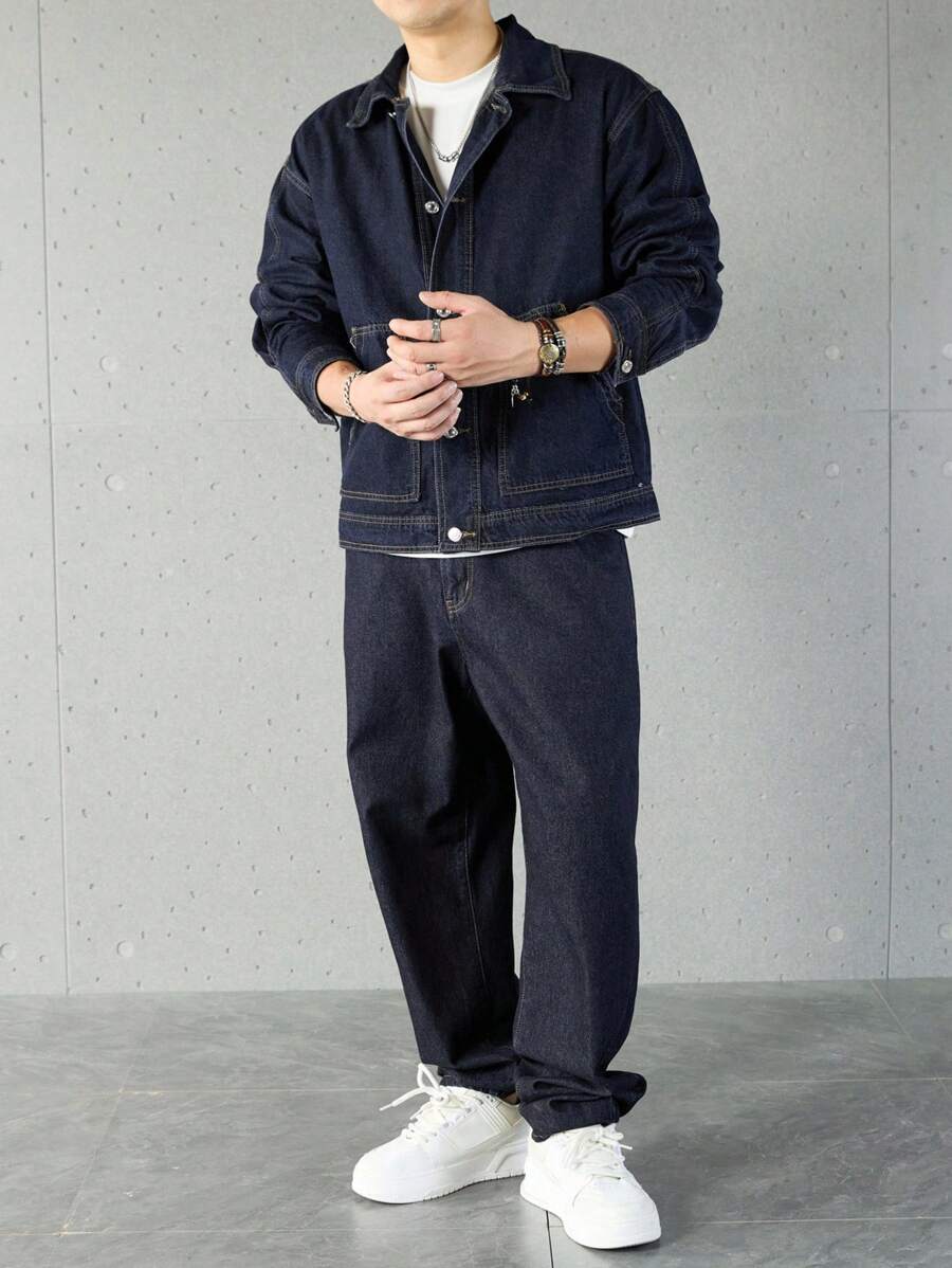 Manfinity Homme Ensemble veste en jean et pantalon décontracté pour homme, à simple boutonnage et manches longues