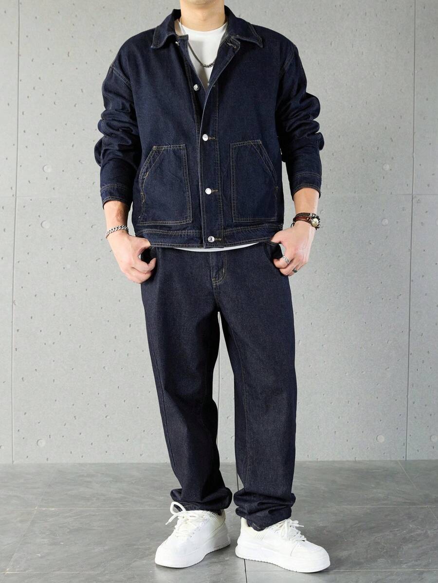 Manfinity Homme Ensemble veste en jean et pantalon décontracté pour homme, à simple boutonnage et manches longues