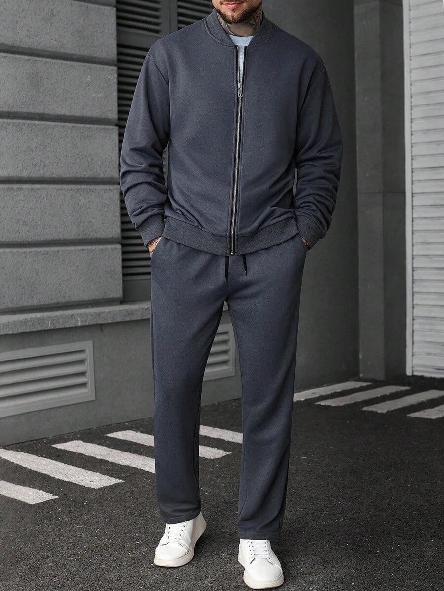 Manfinity CasualCool Ensemble veste zippée et pantalon de couleur unie décontracté pour homme, automne