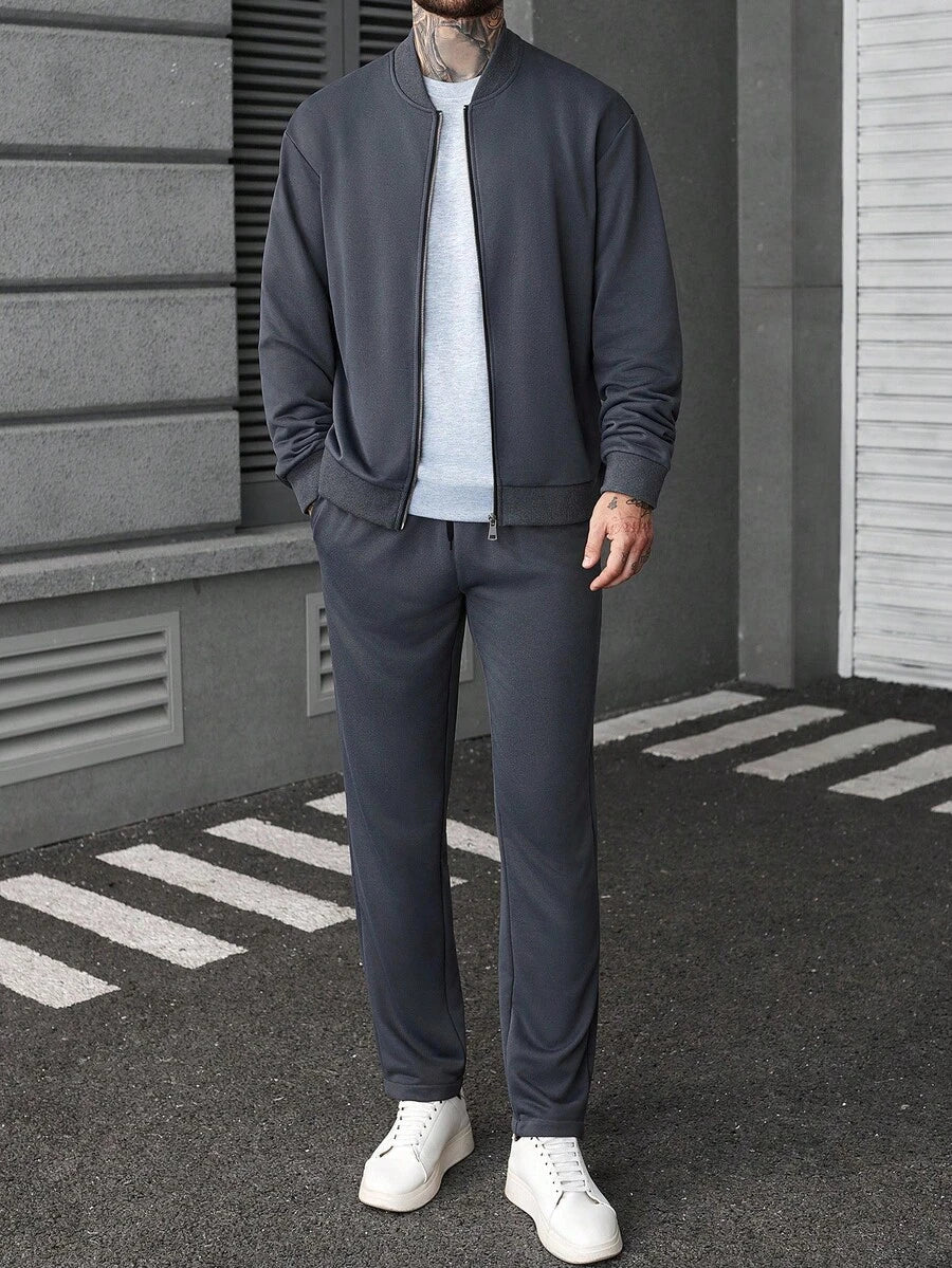 Manfinity CasualCool Ensemble veste zippée et pantalon de couleur unie décontracté pour homme, automne