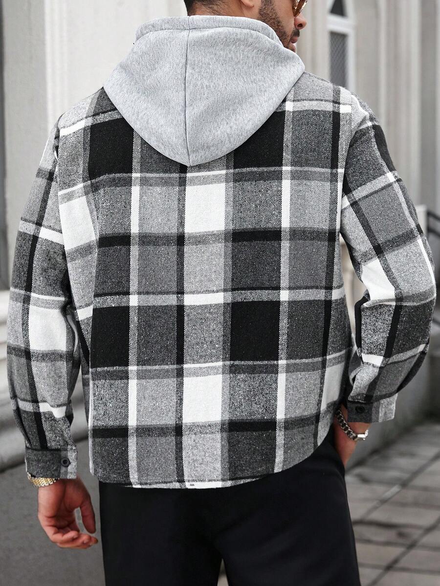 Manfinity Homme Chemise à capuche décontractée à manches longues avec cordon de serrage, grande taille pour hommes, motif à carreaux, sans t-shirt, cadeau pour petit ami