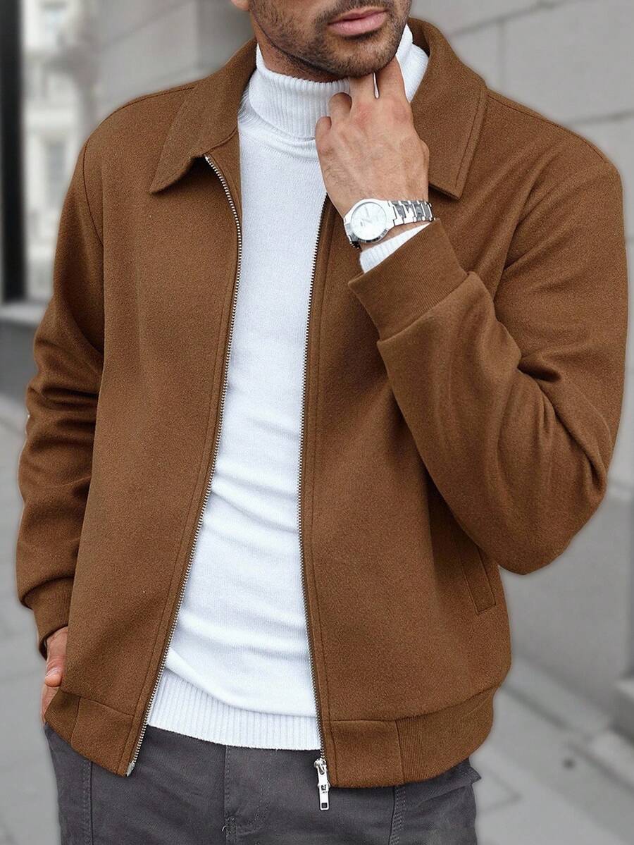 Manfinity CasualCool Veste décontractée à manches longues de couleur unie pour hommes, polyvalente pour l'automne/l'hiver. Veste zippée noire pour hommes