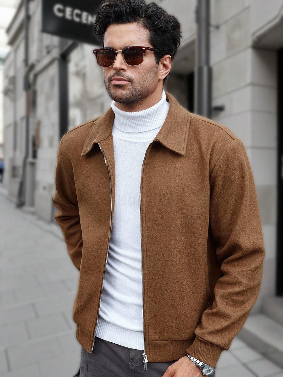 Manfinity CasualCool Veste décontractée à manches longues de couleur unie pour hommes, polyvalente pour l'automne/l'hiver. Veste zippée noire pour hommes
