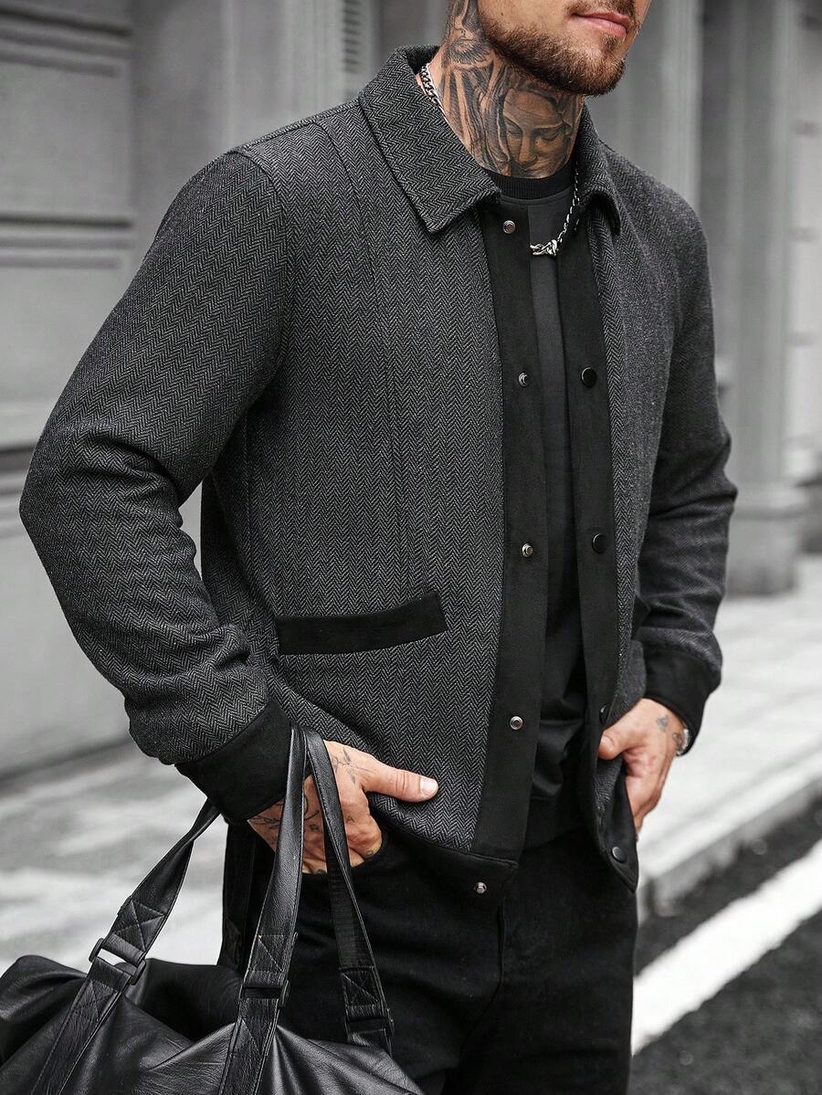 Manfinity CasualCool Veste décontractée à manches longues et à simple boutonnage en mélange de laine, avec couleurs contrastées. Automne/Hiver