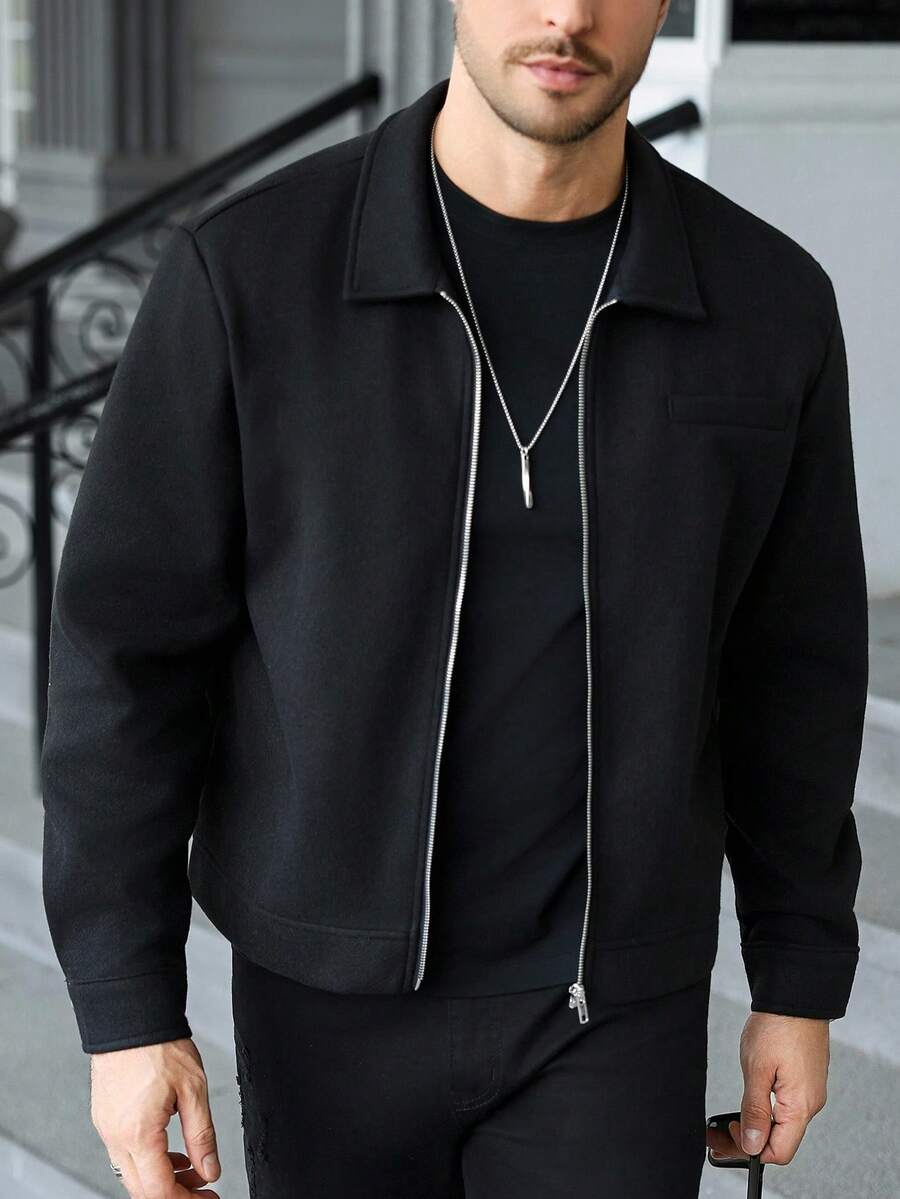 Manfinity CasualCool Veste décontractée zippée de couleur unie pour hommes, veste zippée de type chemise pour hommes en automne/hiver, veste courte pour hommes, vestes pour hommes à manches longues, veste pull pour hommes, vestes décontractées pour hommes