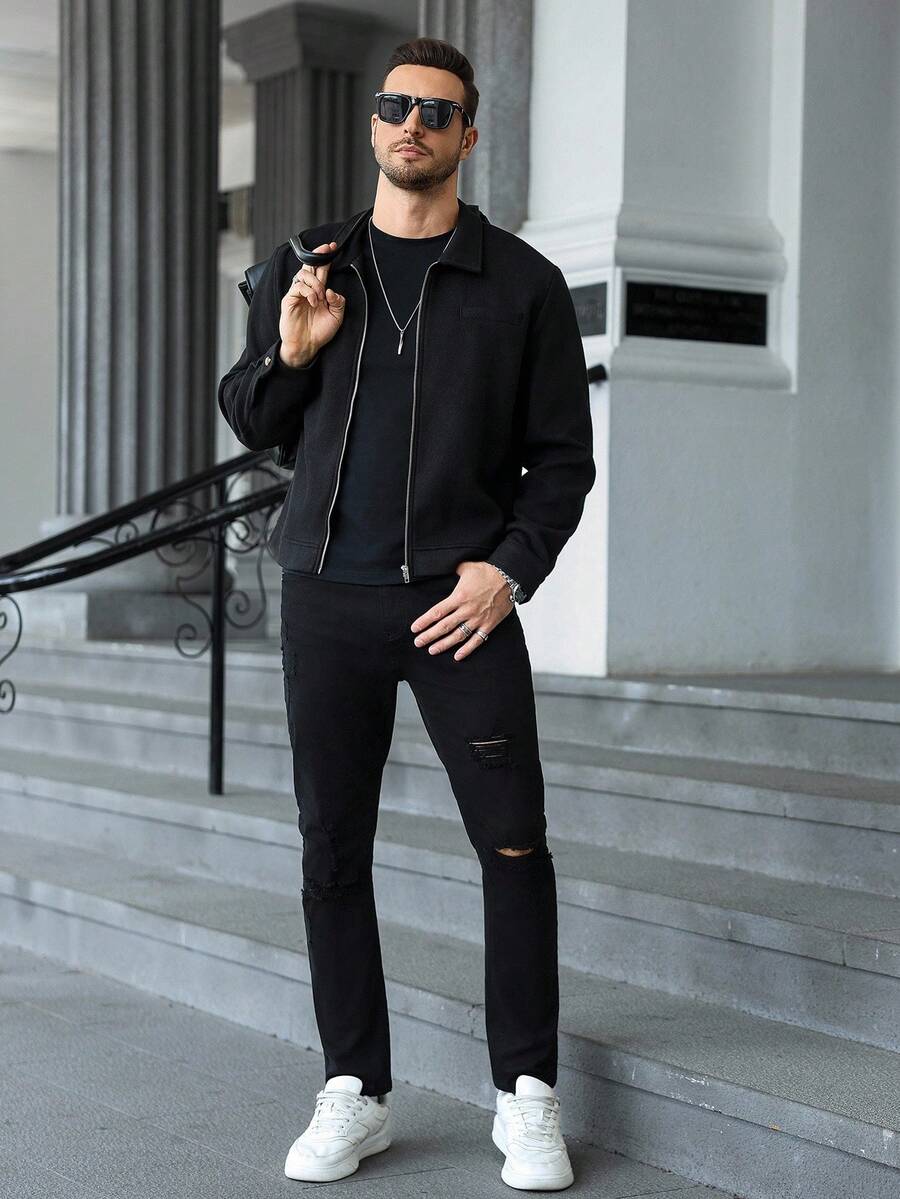 Manfinity CasualCool Veste décontractée zippée de couleur unie pour hommes, veste zippée de type chemise pour hommes en automne/hiver, veste courte pour hommes, vestes pour hommes à manches longues, veste pull pour hommes, vestes décontractées pour hommes