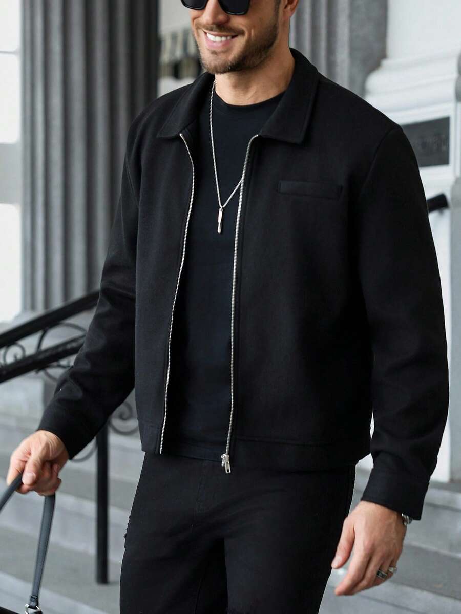 Manfinity CasualCool Veste décontractée zippée de couleur unie pour hommes, veste zippée de type chemise pour hommes en automne/hiver, veste courte pour hommes, vestes pour hommes à manches longues, veste pull pour hommes, vestes décontractées pour hommes