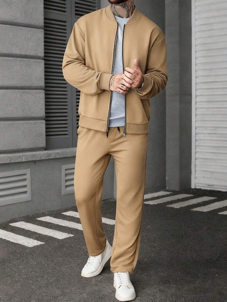 Manfinity CasualCool Ensemble veste zippée et pantalon de couleur unie décontracté pour homme, automne