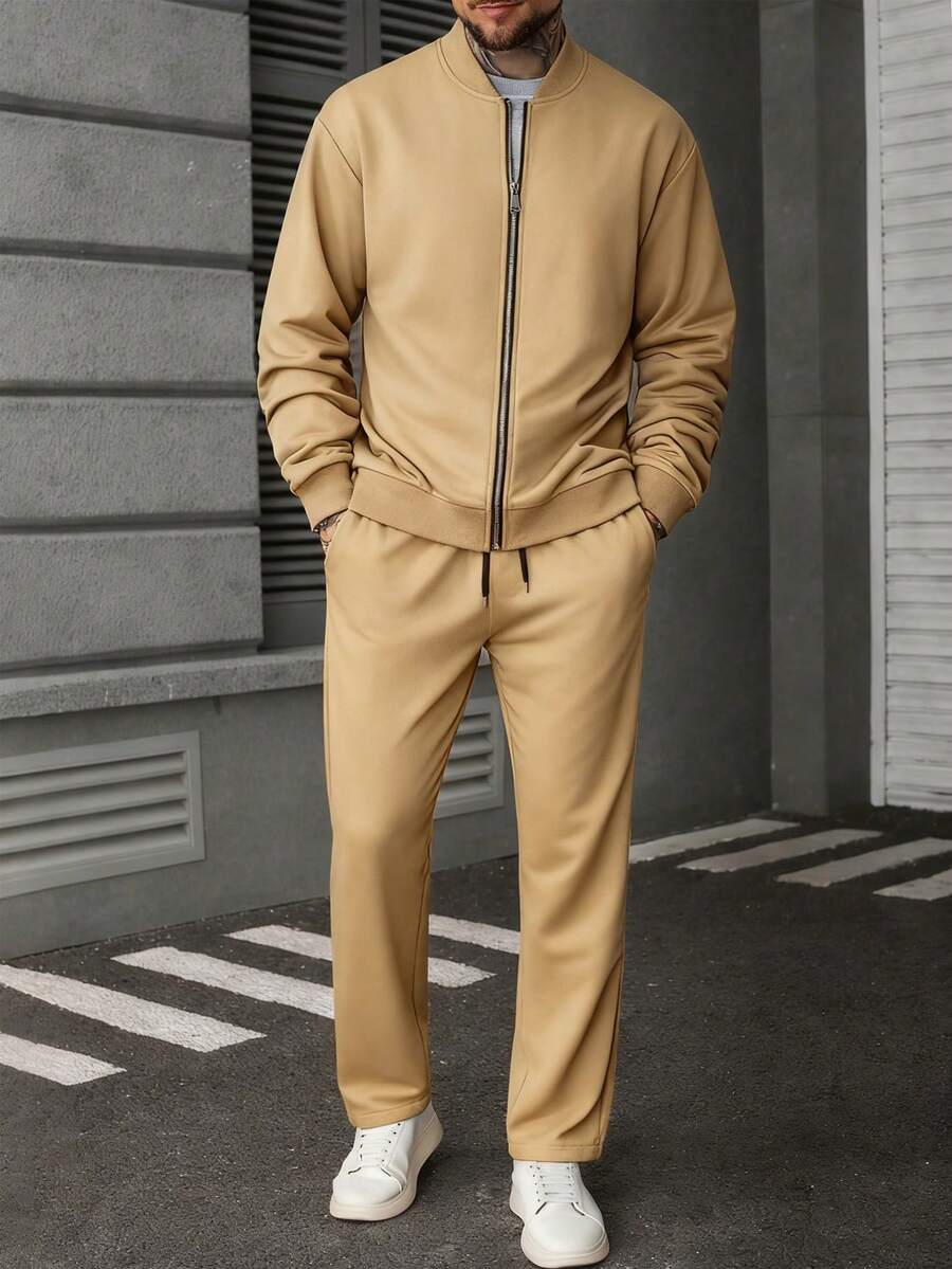 Manfinity CasualCool Ensemble veste zippée et pantalon de couleur unie décontracté pour homme, automne