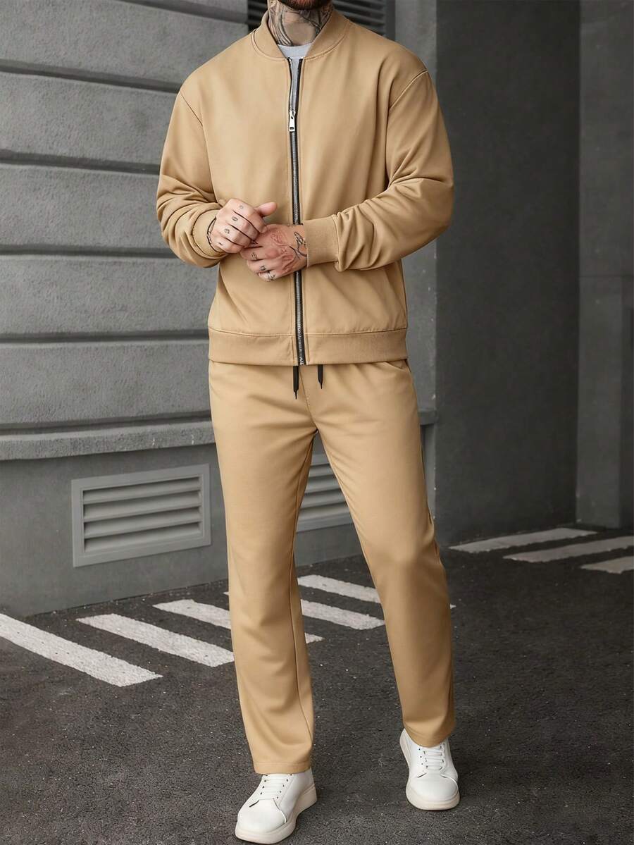 Manfinity CasualCool Ensemble veste zippée et pantalon de couleur unie décontracté pour homme, automne