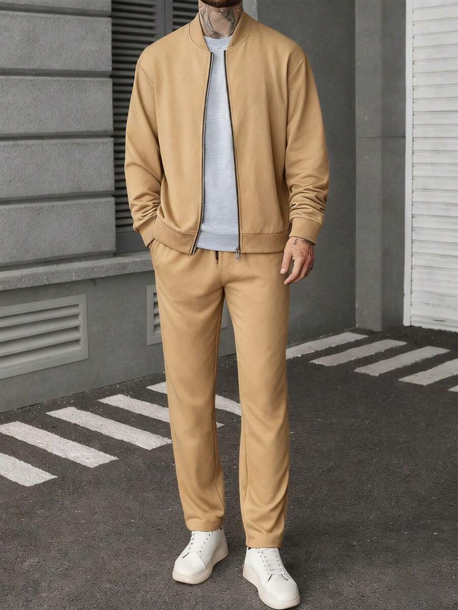 Manfinity CasualCool Ensemble veste zippée et pantalon de couleur unie décontracté pour homme, automne