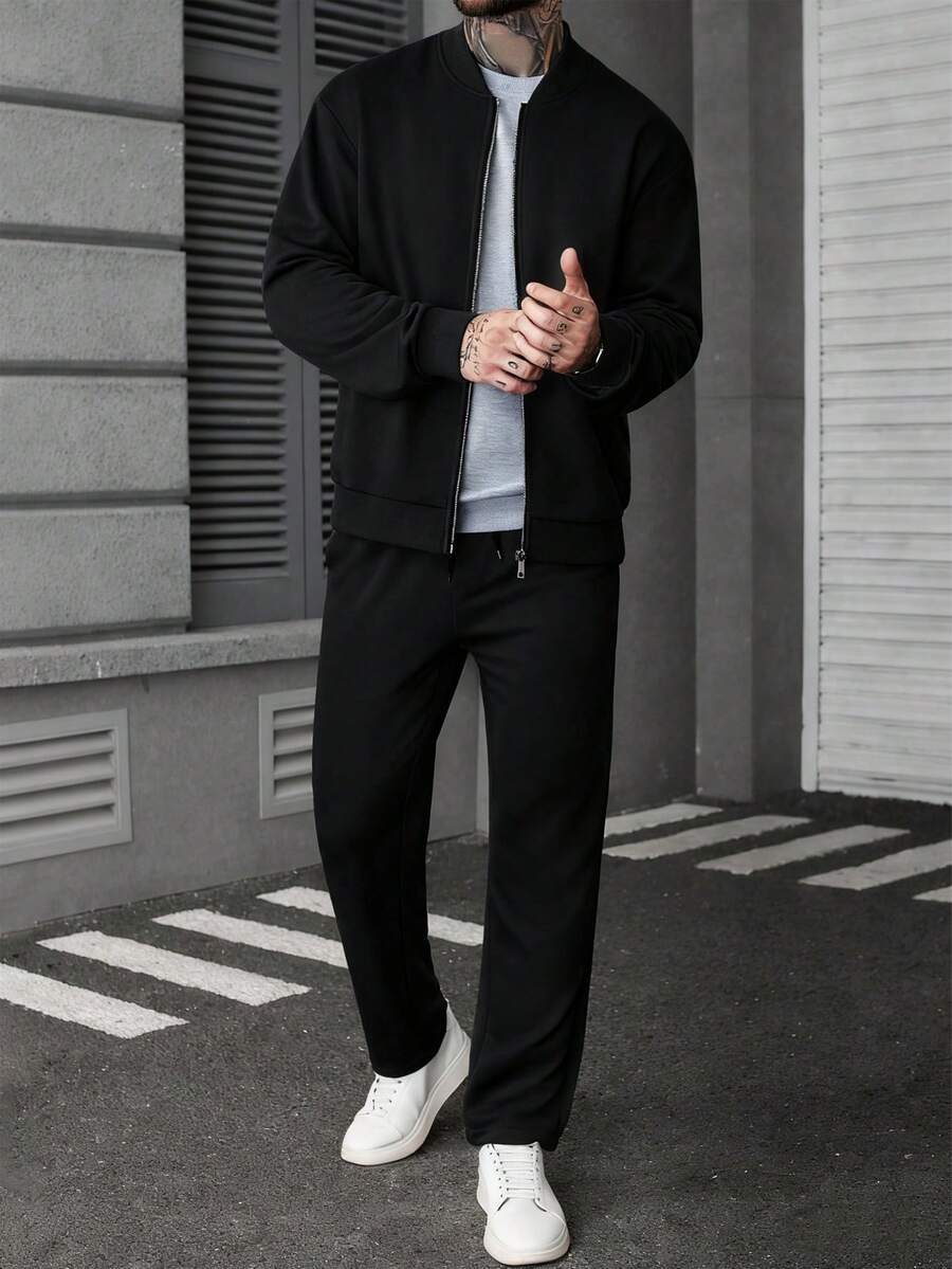 Manfinity CasualCool Ensemble veste zippée et pantalon de couleur unie décontracté pour homme, automne