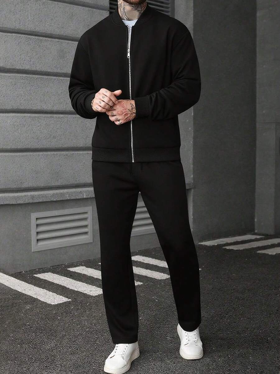 Manfinity CasualCool Ensemble veste zippée et pantalon de couleur unie décontracté pour homme, automne