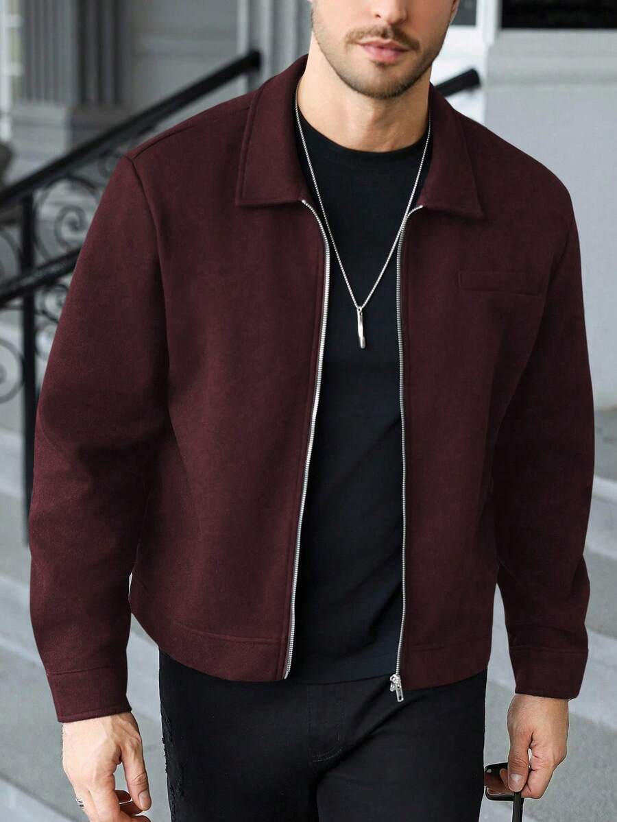 Manfinity CasualCool Veste décontractée zippée de couleur unie pour hommes, veste zippée de type chemise pour hommes en automne/hiver, veste courte pour hommes, vestes pour hommes à manches longues, veste pull pour hommes, vestes décontractées pour hommes