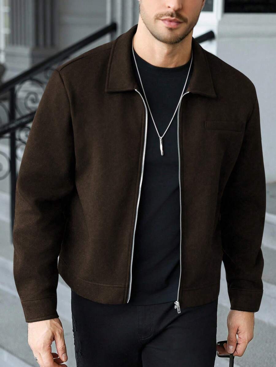 Manfinity CasualCool Veste décontractée zippée de couleur unie pour hommes, veste zippée de type chemise pour hommes en automne/hiver, veste courte pour hommes, vestes pour hommes à manches longues, veste pull pour hommes, vestes décontractées pour hommes