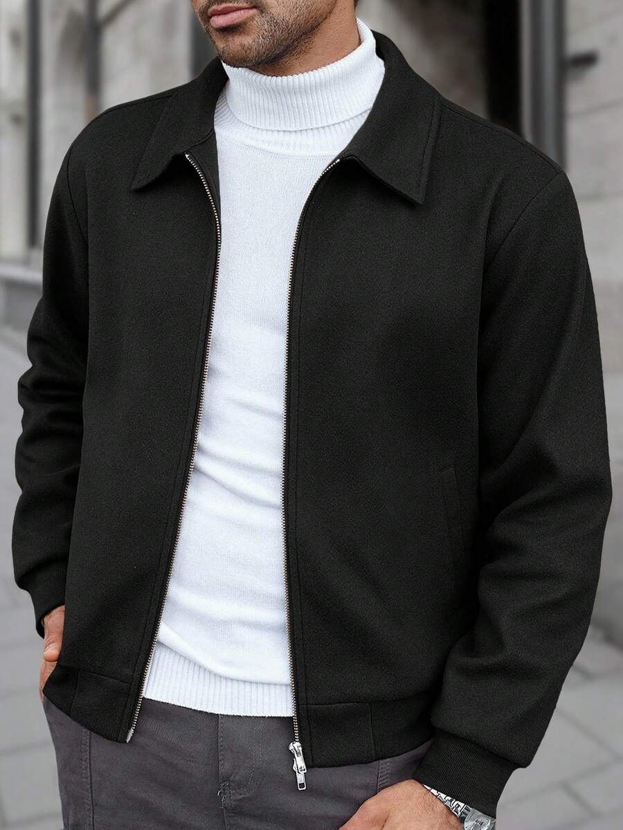 Manfinity CasualCool Veste décontractée à manches longues de couleur unie pour hommes, polyvalente pour l'automne/l'hiver. Veste zippée noire pour hommes