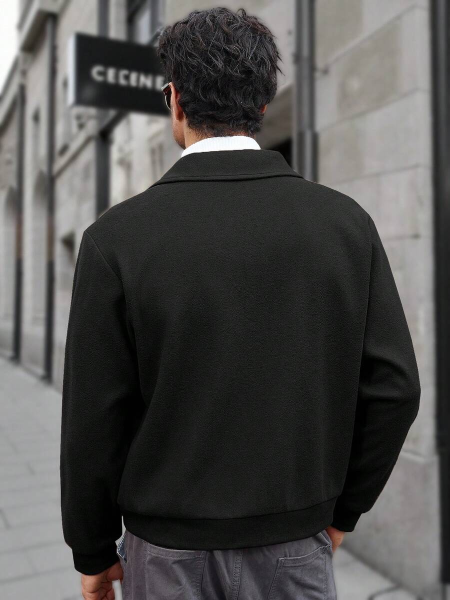 Manfinity CasualCool Veste décontractée à manches longues de couleur unie pour hommes, polyvalente pour l'automne/l'hiver. Veste zippée noire pour hommes