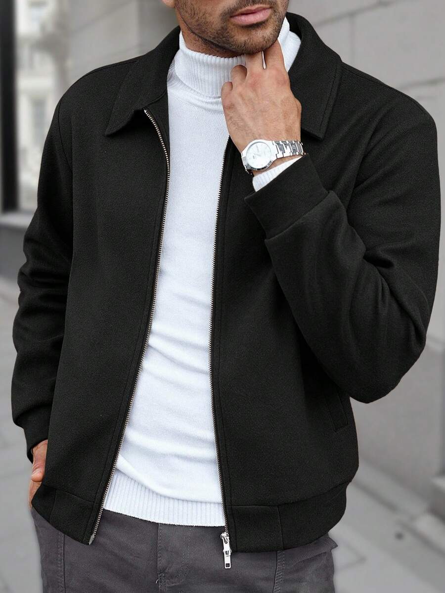 Manfinity CasualCool Veste décontractée à manches longues de couleur unie pour hommes, polyvalente pour l'automne/l'hiver. Veste zippée noire pour hommes