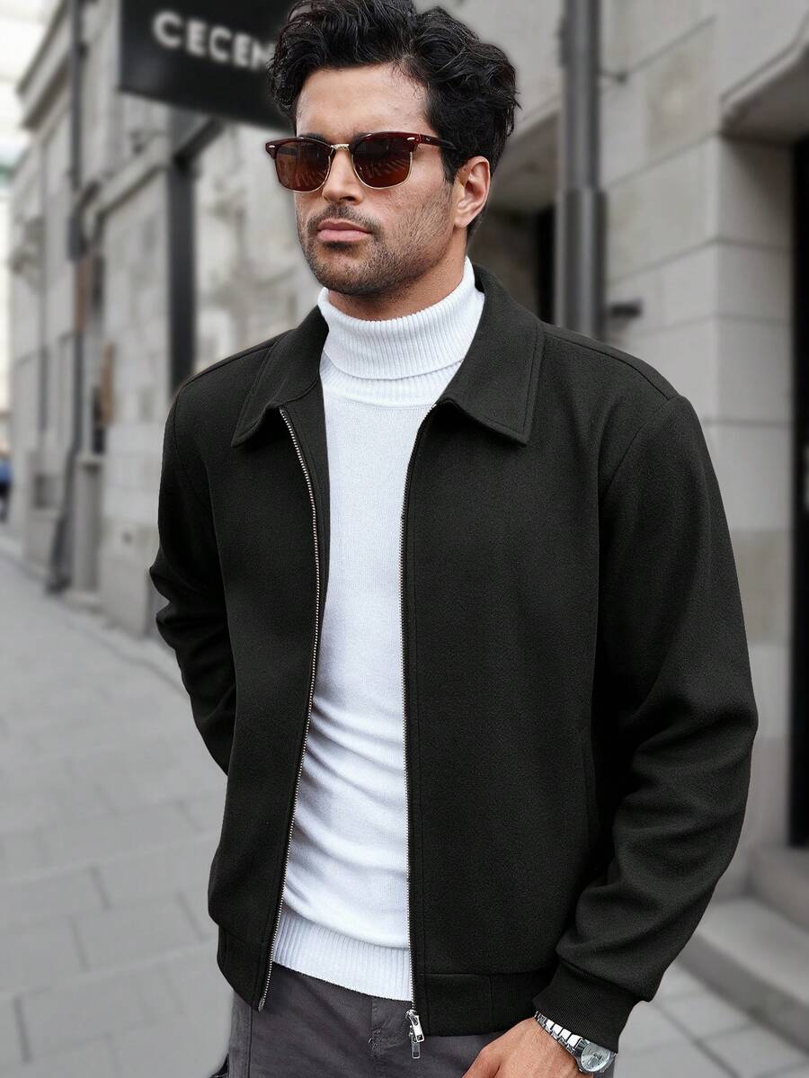 Manfinity CasualCool Veste décontractée à manches longues de couleur unie pour hommes, polyvalente pour l'automne/l'hiver. Veste zippée noire pour hommes