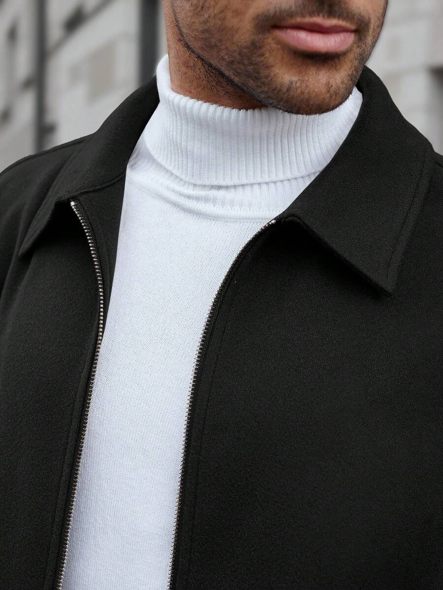 Manfinity CasualCool Veste décontractée à manches longues de couleur unie pour hommes, polyvalente pour l'automne/l'hiver. Veste zippée noire pour hommes